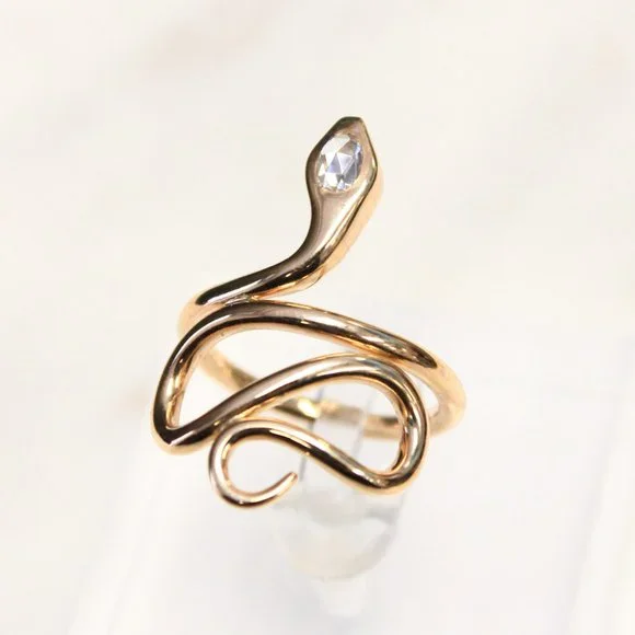 14k Yellow Gold Snake Ring with Rose Cut Diamond Head - Picture 3 of 5